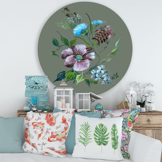 Designart - Purple and Turquoise Spring Flowers - Traditional Metal Circle Wall Art
